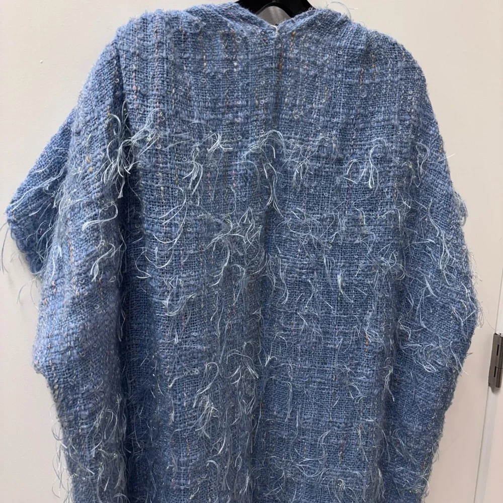 Vintage Handmade Blue Fringed Open-Front Cardigan